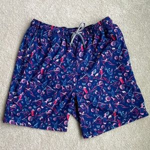 Peter Millar men’s swim trunks in “Ship Faced” pattern